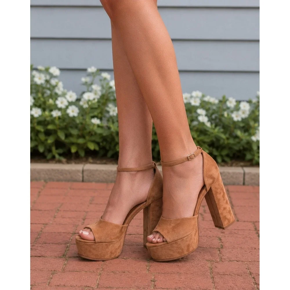 Zara EU 37 US 7 Brown Faux Suede Platform Block Heel Ankle Strap Sandals Retro